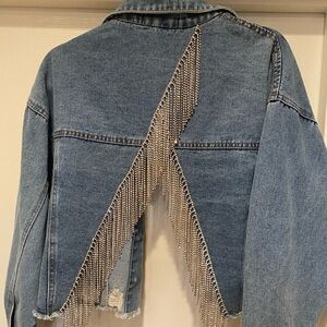 Size S. Blue B Denim Jacket w Sparkle Fringe